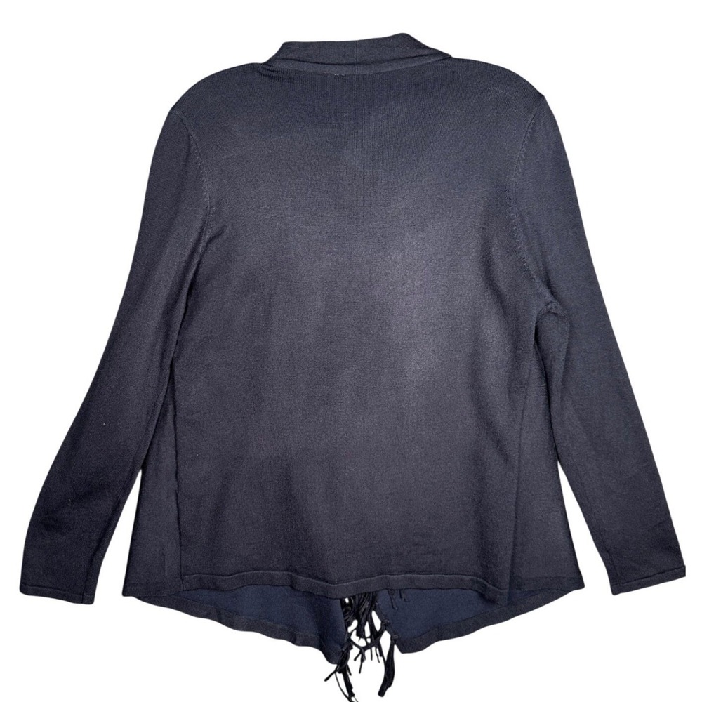Chicos Cardigan Sweater Navy Blue Wrap Size 1/M Asymmetrical Fringe Lagenlook‎ - Picture 4 of 9